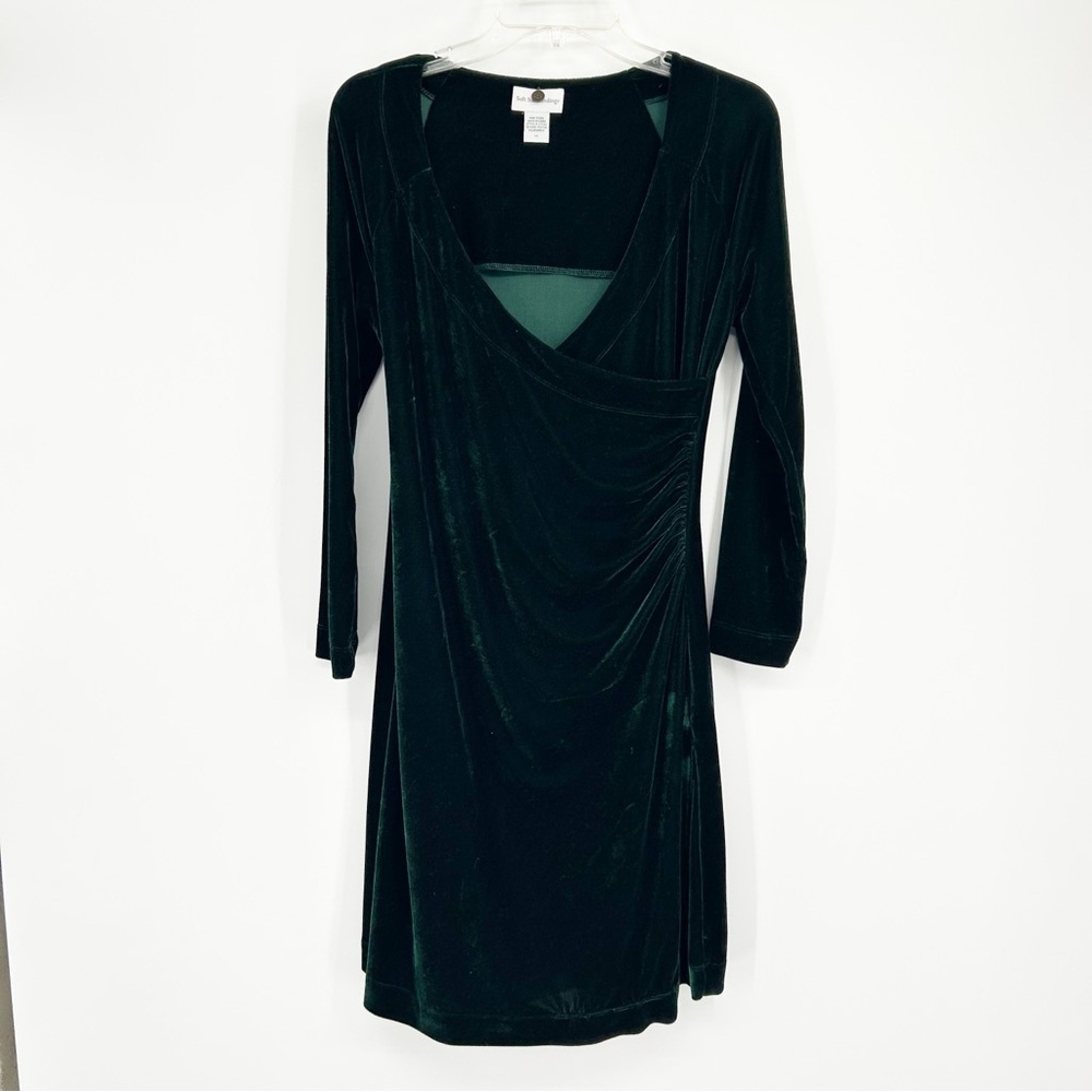 Soft Surroundings Green Velvet Faux Wrap Long Sleeve Dress Size PS Holiday Party